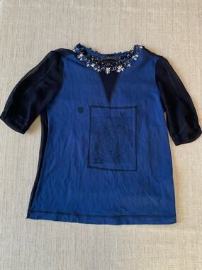 Animale Blue Graphic Beaded V Neck Top Mesh Sleeve Size P